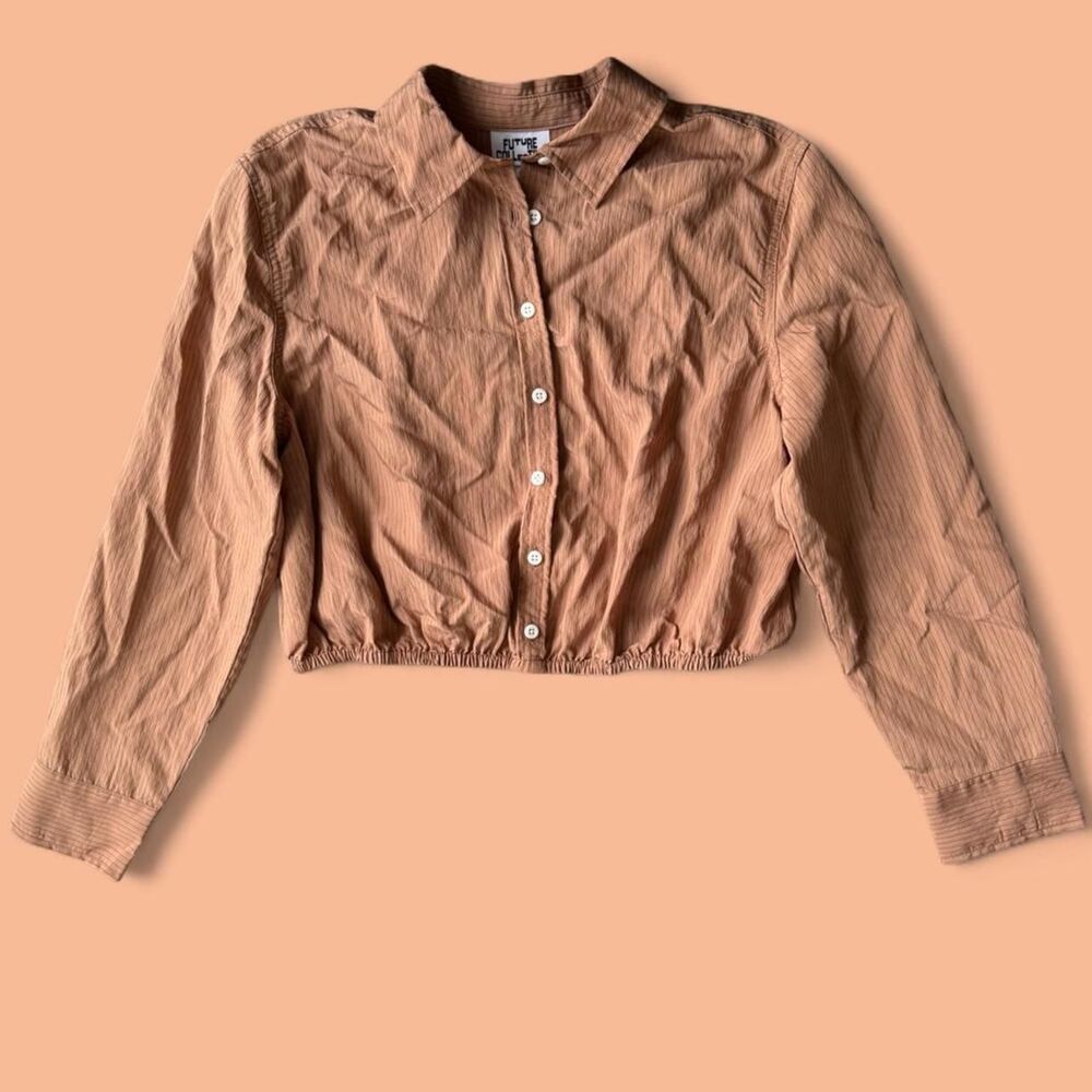 Future Collective NTW brown tan cropped striped button-up blouse in size M
